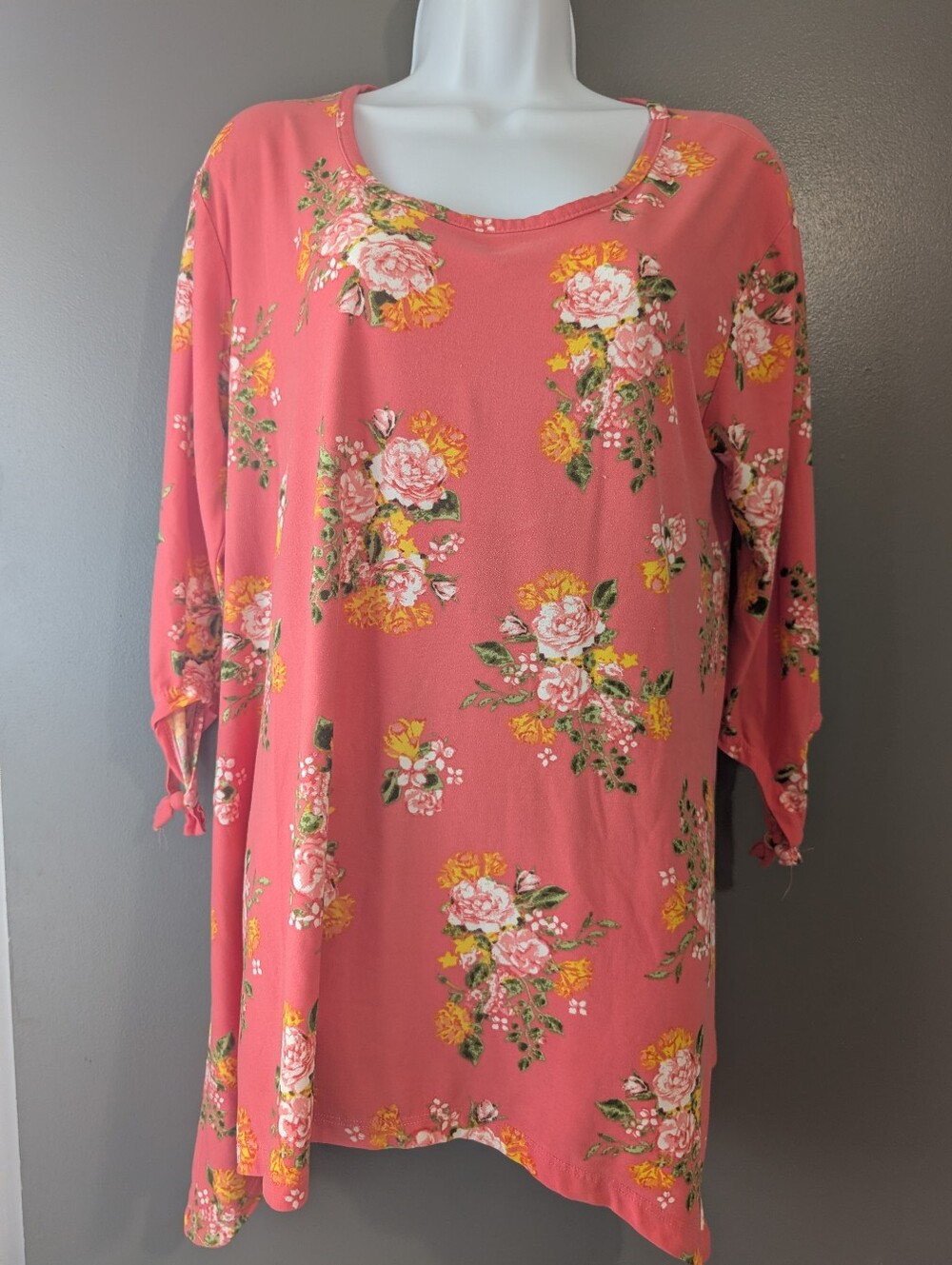 Bobbie Brooks Women's Large Coral Pink Floral Print Tunic Shirt Tie Sleeves